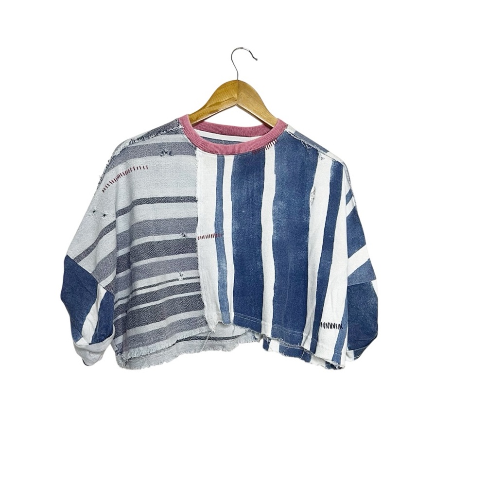 We The Free Striped Crop Top Oversized XS Crew Nevk Stitches Distressed Frayed